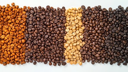 Rows of roasted coffee beans show a gradation of roasting levels. Illustrate the coffee roasting process or bean quality control easily.