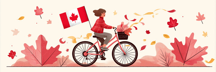 Stylish woman rides peach-colored bike with Canada Day decor