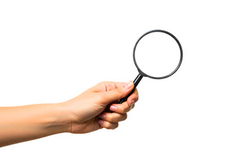 Hand holding magnifying glass isolated on transparent background
