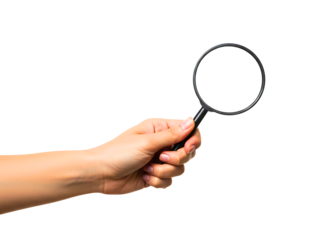 Hand holding magnifying glass isolated on transparent background