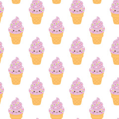 Seamless pattern of cute ice cream cones with pink whipped cream and smiling faces — perfect for kids' products, summer party decor, and digital designs.