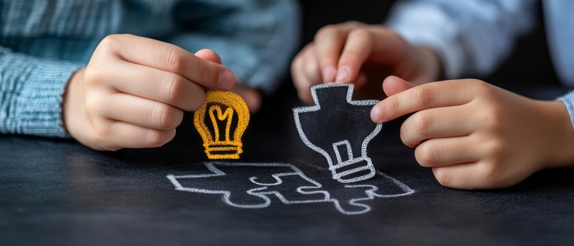 Hands of Children Placing Light Bulb and Puzzle Piece for Creative Idea Concept Development