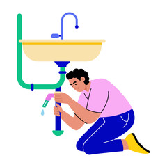Flat style illustration showing person fixing leak under sink