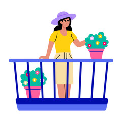 A flat style illustration showing a character decorating balcony