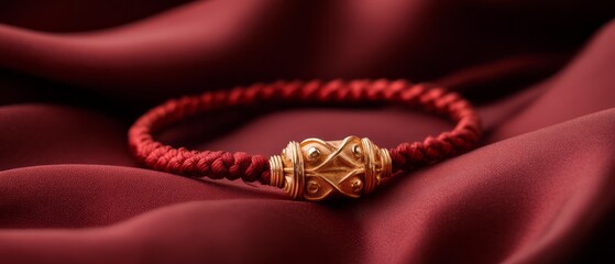 Obraz premium Elegant Red Fabric Background with Gold Bracelet Featuring Intricate Design and Detail