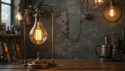Industrial bulb lamp diy diamond painting kit, brushed brass and charcoal grey, steampunk aesthetic, warm glow lighting, rugged charm, urban chic, raw"
