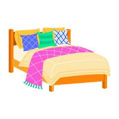 A flat style illustration showing bed with pillows and blanket