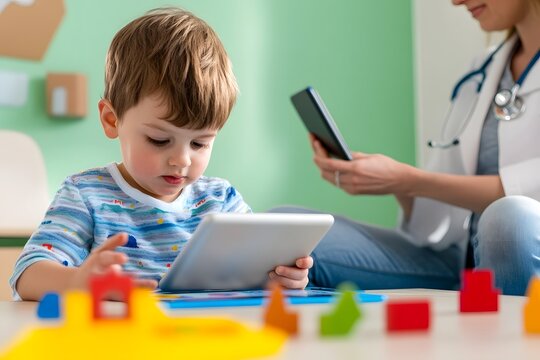 Child learning with digital technology under parental guidance