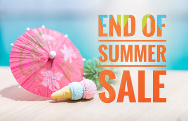 End of summer sale banner over summer set background, Mini Ice cream cone with paper umbrella on swimming pool edge over blue water background, summer season promotion poster background idea