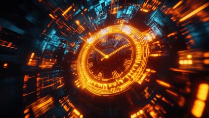 Futuristic clock in a vibrant, glowing, digital vortex