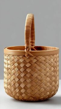 Woven Bamboo Basket with Handle, Traditional Craftsmanship, Sustainable Design, Home Decor, Close-up Studio Shot