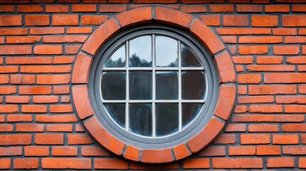 A round window set in a brick wall shows nature. Use this for architecture, design, or historical themed projects.
