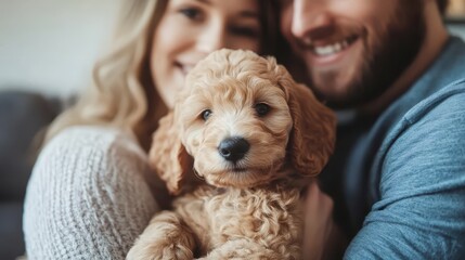 Happy couple holding a cute, fluffy, golden doodle puppy indoors. Illustrates love, family, pets, happiness or new beginnings.