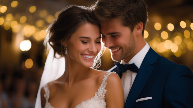 Joyful first dance of a newlywed couple with elegant decor