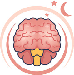 A cartoon brain with a moon and stars, symbolizing the brain's state during sleep. Represents mental rest, cognitive recovery, sleep science, and circadian rhythm.