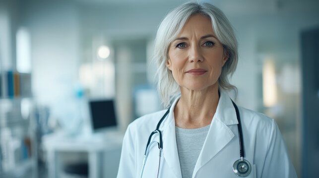 A mature female doctor in her fifties stands confidently in a modern medical environment. She embodies professionalism and care, ready to support her patients. - Powered by Adobe