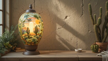 Desert botanical table lamp diy diamond painting kit, sun-baked clay and cactus green, succulent motifs, warm diffused lighting, arid tranquility, Southwest aesthetics, serene"

