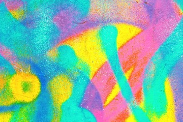 Vibrant spray paint art in neon blue, pink, yellow. Retro 80s, psychedelic style, iridescent glow, chaotic textures. Urban street art, posters, digital art, funky visuals.