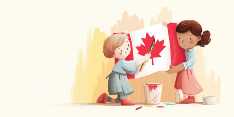 Preschool kids paint Canada flag banner together in fun art scene