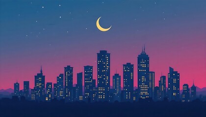 Fototapeta premium Minimalist city skyline at dusk, simplified buildings with glowing windows, a crescent moon rising above, rendered in flat