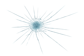 Radial glass fracture pattern branching from central impact point, spider web-like cracks spreading across transparent surface