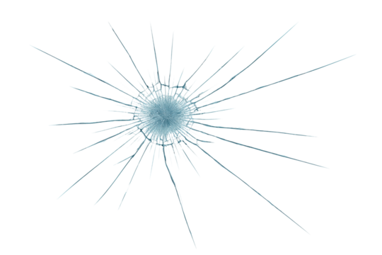 Radial glass fracture pattern branching from central impact point, spider web-like cracks spreading across transparent surface