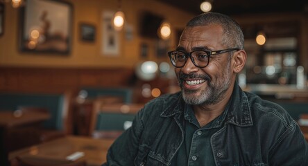 Fototapeta premium elderly black man in soul food restaurant talking to waiter pleased