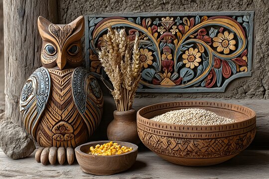 Painted tribal wood mask with grain bowl high resolution picture