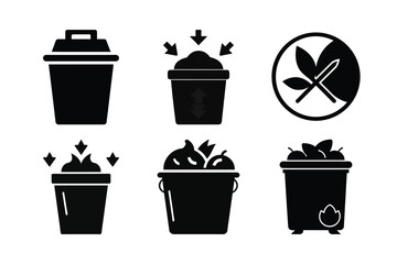 Black and White Icons for Trash, Recycling, Food Waste and Composting in a Vector Graphic Design Illustration