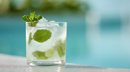 Refreshing mojito cocktail with mint, lime, and ice by the poolside. Perfect for summer vacation, tropical getaways, and cool relaxation.