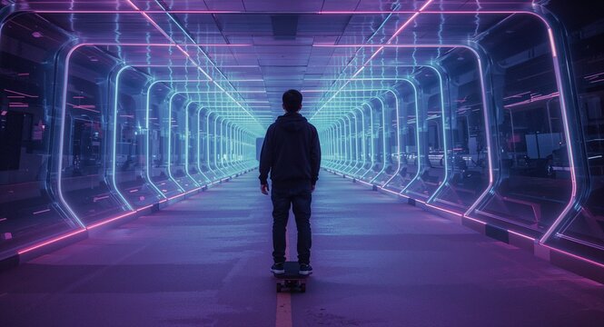 latino boy on electric skateboard riding through holographic lanes - Powered by Adobe