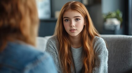 Teen girl with red hair listens intently, wearing a gray sweater. Shows counseling session, dealing with teen issues, support concepts.