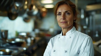 A portrait of a middle-aged female chef in a professional kitchen. She displays confidence and skill, embodying the dedication and creativity of culinary arts.
