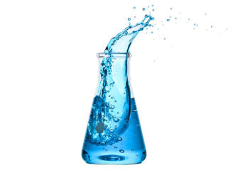 Blue liquid splashing in erlenmeyer flask isolated on transparent background