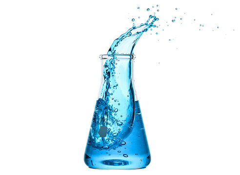 Blue liquid splashing in erlenmeyer flask isolated on transparent background - Powered by Adobe