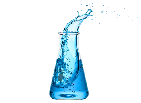 Blue liquid splashing in erlenmeyer flask isolated on transparent background