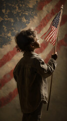 Nostalgic portrait: child waves small US flag before vintage backdrop