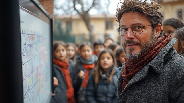 Action shot of teacher using digital whiteboard interactive math lesson students engaged lesson Capture teachers interaction whiteboard students' reactions focus on the content and their expressions - Powered by Adobe