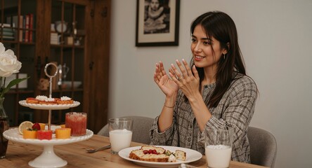 middle aged latina woman clapping hands beside dessert table