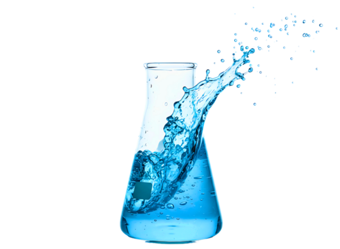 Blue liquid splashing in erlenmeyer flask isolated on transparent background - Powered by Adobe