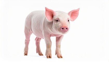 Cute Pink Piglet Standing Isolated on White Background, Full Body Side View