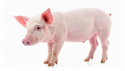 Cute Pink Piglet Standing Isolated on White Background, Full Body Side View