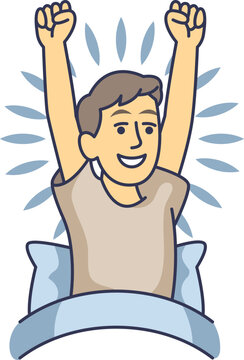 A cartoon man wakes up in bed, stretching his arms energetically. This illustration represents feeling refreshed, alert, and ready to start the day after a good night's sleep.