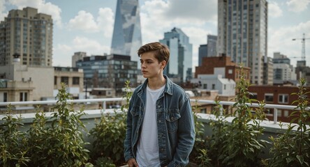 tall white teen boy on city rooftop garden looking thoughtful