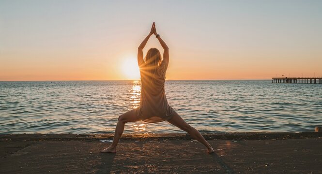 tall blonde woman on sunrise pier doing warrior pose peaceful
