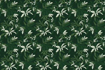 Seamless vector pattern with bold tropical leaves in green and deep on a dark background. Stylish botanical design for fabric, packaging, wallpapers, print, and fashion projects
