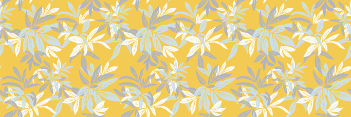 Seamless tropical leaf pattern with hand drawn style foliage in blue and white on a bright yellow background. Perfect for summer textiles, wallpapers, packaging, surface design