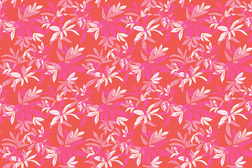 Seamless vector pattern with bold tropical leaves in pink and orange on a red background. Stylish botanical design for fabric, print, packaging, wallpapers, fashion projects