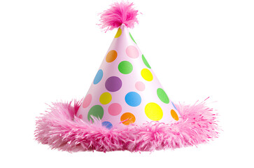 Festive birthday hat with colorful polka dots and pink fluffy trim, isolated on a white background. Detailed illustration 