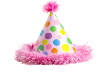 Festive birthday hat with colorful polka dots and pink fluffy trim, isolated on a white background. Detailed illustration 